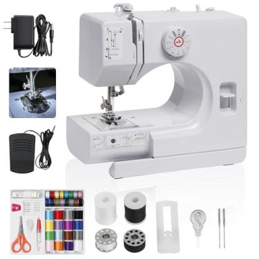Imagem de Máquina de costura portátil para iniciantes, mini máquina de costura embutida com luz, 12 pontos, velocidades altas e baixas, pedal, costura reversa e kit de 42 peças para adultos, casa, viagens e