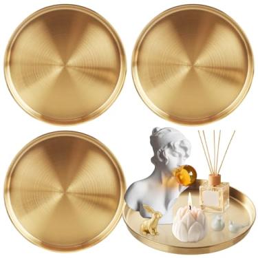 Imagem de LDHHYH Pacote com 4 bandejas redondas douradas de 30 cm, bandeja decorativa de aço inoxidável, tigela de chaveiro, cômoda espelhada, organizador de maquiagem para banheiro, vela, perfume, bancada