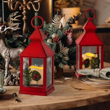 Imagem de Yongmao Lanterna de Natal decorativa com vela de LED, lanternas decorativas de pinheiro azevinho vermelho para interior e exterior, jardim, decoração de casa de Natal (pacote com 2)