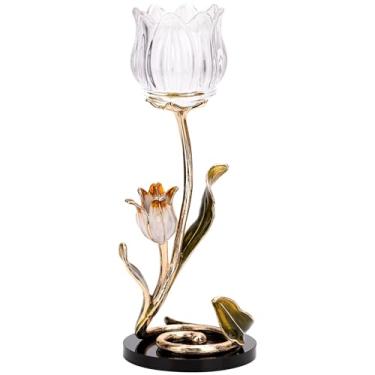 Imagem de Castiçal de flor de vidro com base de cristal de luxo – liga de zinco banhada a ouro com esmalte, suporte de luz de chá romântico, peça central de mesa de casamento estilo francês, decoração de casa