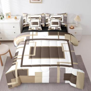 Imagem de Erosebridal Conjunto de edredom geométrico quadrado cáqui, 7 peças, cama minimalista listrada abstrata em uma bolsa para mulheres, homens e adultos, conjunto de colcha de arte estética moderna com