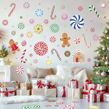 Imagem de Decalques de parede de doces de Natal, 8 folhas de decoração de Natal, adesivos de parede de menta doce de bengala de gengibre para paredes para decoração de Natal de Candyland