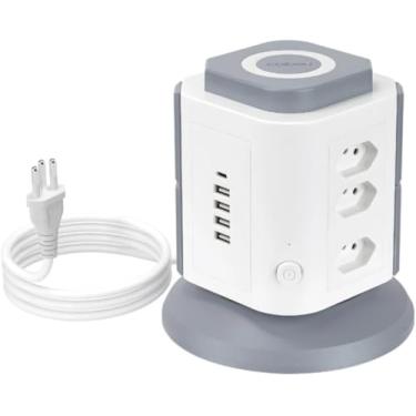 Imagem de Torre de Tomadas, Branca, 9 Tomadas + 4 USB + 1 Type-C, Proteção Contra Sobrecarga, Cabo 2m, Carregamento Rápido, 2200W