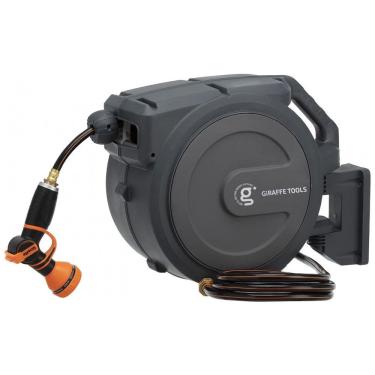 Imagem de Mangueira de Jadim 23M com Enrolador Retrátil, Rebobinamento Lento, Trava e Bico Pulverizador de 9 Padrões, Giraffe Tools AW25, Cinza