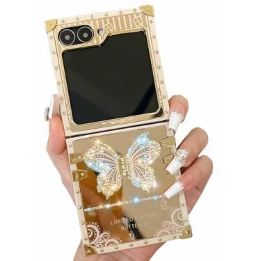 Imagem de TETAW Linda capa compatível com Samsung Galaxy Z Flip 6 com suporte dobrável de borboleta brilhante de luxo, capa protetora feminina macia para mulheres e meninas (ouro claro)