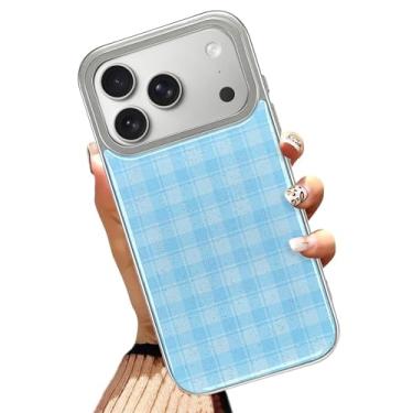 Imagem de Gukalong Capa de telefone com glitter para iPhone 17 Pro Max de 6,9 polegadas azul xadrez TPU macio e PC rígido capa de telefone prata resistente à prova de choque protetora antiarranhões capa fina