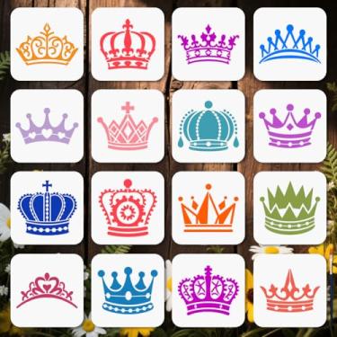 Imagem de MAYJOYDIY 16 peças de estêncil de coroa, 5,9 × 5,23 cm, reutilizável, rei, rainha, princesa, pedras preciosas, coroa, estêncil, com pincel de tinta, joia real, modelo de coroa para tecido de madeira