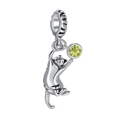 Imagem de MiiFort Pingente de gato malhado para brincar compatível com pulseiras Pandora com pedras de nascimento verdes de agosto, amantes de gatos gengibre, mulheres, aniversário