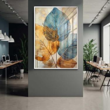 Imagem de Quadro Decorativo com Moldura e Acrilico Cristal Vidro Folhas abstrato Moderno Lindo Sala Quarto Hall