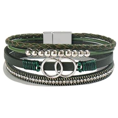 Imagem de P Ammy Fashion® Pulseiras de couro PU multicamadas com punho boho largo pulseiras de leopardo coloridas com fecho magnético, Couro sintético, Quartzo criado