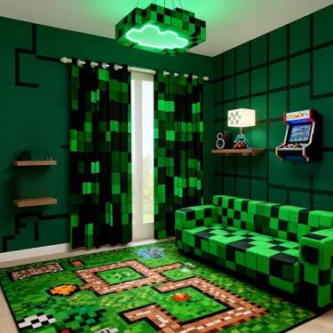 Imagem de Cortinas de janela Pixelated Miners Gamer, xadrez geométrico, videogame, decoração de quarto de meninos e meninas, 2 painéis pretos e verdes, 106 cm L x 150 cm C