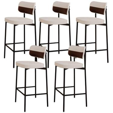 Imagem de Kit 05 Banquetas Alta Bar Cozinha Sala De Jantar Aço Preto Kaira C01 Linho Palha Courino Whisky - Lyam Decor