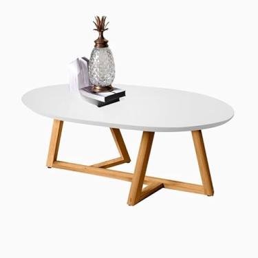 Imagem de Mesa de Centro Oval em MDF com Pés de Madeira – Design Moderno para Sala de Estar (BRANCO)
