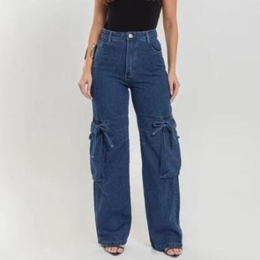 Imagem de Calça Cargo Feminina Moda Jeans Wide Leg Denim Bolso Lado-Feminino