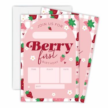 Imagem de Convite de aniversário de 15 peças de morango e arco com 15 envelopes brancos combinando para meninos e meninas, suprimentos de decorações de festa de 1º aniversário-OL-A97