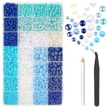 Imagem de 28 tipos de pérolas azuis flatback para artesanato deslumbrante, 3 mm, 4 mm, 5 mm, 6 mm, 8 mm, 10 mm, plano, colorido, AB meias-pérolas, berloques para unhas, cabelo, maquiagem, artesanato, copos