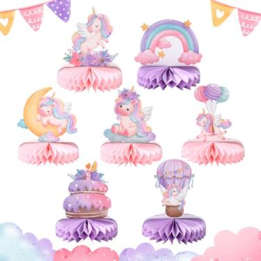 Imagem de 7 peças de enfeites de favo de mel com tema de unicórnio em aquarela para decoração de cenários de festa de aniversário de unicórnio, artigos de mesa de quarto, lembrancinhas de festa de aniversário