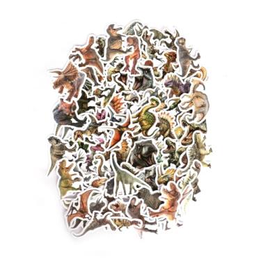 Imagem de 100 adesivos de dinossauro jurássico, decalques de vinil à prova d'água com tema dino, adesivos de animais pré-históricos para garrafas de água, laptops, skates, pacote de adesivos de aventura fóssil