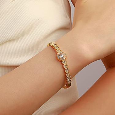 Imagem de Pulseira feminina de strass de coração dourado com strass e zircônia cúbica elegante, conjunto de pulseiras de corte radiante, joias empilháveis, modernas e modernas, Medium, Latão, Sem Pedra Preciosa