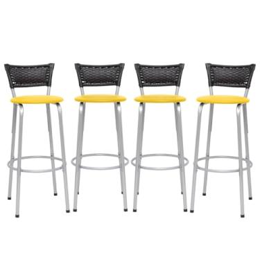 Imagem de Banqueta Altas Junco Preto Estrutura Prata 70cm Para Balcão Cozinha, Bar, Bistrô, Americano Kit 04 Unidades - Itagold (Assento Amarelo)