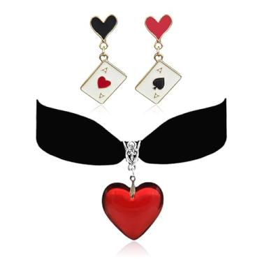 Imagem de Rainha de Copas Fantasia Feminina Coração Vermelho Conjunto de Brincos Gargantilha Gargantilha Punk Hollween Acessórios para Fantasia de Festa