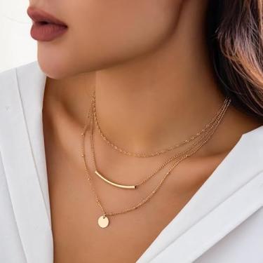 Imagem de Gargantilhas delicadas em camadas feitas à mão, pingente de tubo de moedas, multicamadas, corrente de camadas ajustáveis, colares banhados a ouro, conjunto de joias boho para presente