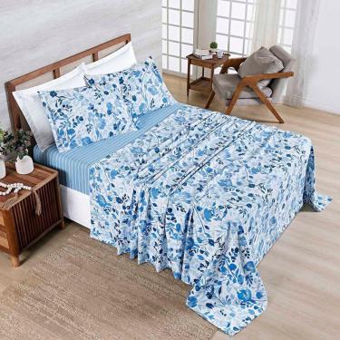 Imagem de Jogo Cama Lençol Belle Queen 400 Fios Estampado 4 Peças Florido Azul