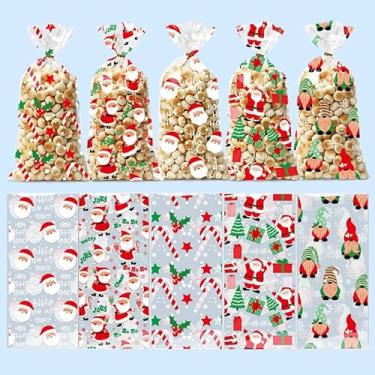 Imagem de 50 sacos de presente de Natal – Sacos de Natal para biscoitos de celofane para biscoitos, petiscos, guloseimas e doces (12,4 cm x 27 cm)