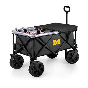 Imagem de PICNIC TIME Vagão de praia dobrável NCAA Michigan Wolverines Adventure Wagon Elite All-Terrain com rodas grandes, tampa de mesa e forro macio, carrinho utilitário dobrável, (cinza escuro)