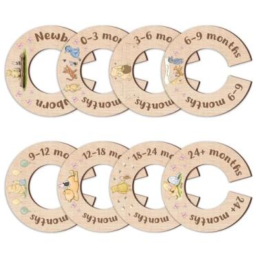 Imagem de 8 peças divisórias de armário de bebê Pooh para recém-nascidos, cabide de decoração de berçário Winnie, organizador de roupas de bebê de madeira, divisórias redondas de dupla face, suprimentos de