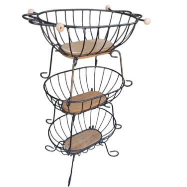 Imagem de Fruteira 3 Andares Oval Artesanal De Chão Em Ferro E Madeira
