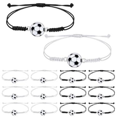 Imagem de Pulseiras com pingente de futebol, 12 peças, pulseiras ajustáveis de contas de bola de futebol preto e branco trançado, pulseiras de futebol, lembrancinhas de festa, acessórios de presente para