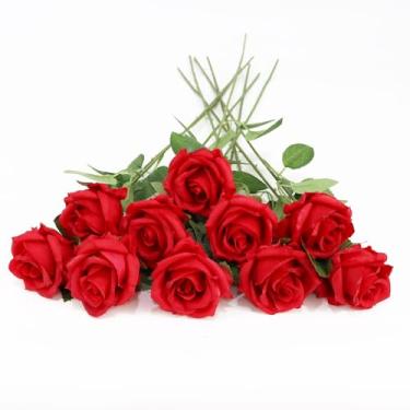 Imagem de 10 peças de rosas artificiais e flores realistas, ramo longo, rosas de seda falsas para mesa de buquê de casamento, decoração de casa (vermelho, 10 peças)