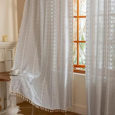 Imagem de Cortinas Boho Transparente Cinza Claro 213 cm de Comprimento 2 Painéis para Sala de Estar Quarto, Casa de Fazenda, Borlas Bege Boêmia Cortinas de Filtro de Luz Country Cortinas Shabby Chic Bordado