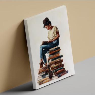 Imagem de Black Women's Reading Wall Art African American Poster Print Painting Black Girl Reading Books Canvas Wall Art Library Book Lover Canvas Wall Decor Quadro e pronto para pendurar, 40,6 x 61 cm