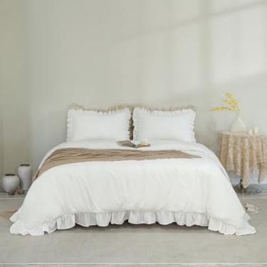 Imagem de GLORY SEASON Conjunto de capa de edredom 100% algodão com borda de babados estilo vitoriano vintage natural algodão lavado todas as estações, fronhas combinando, branco marfim, Queen 228,6 cm x 228,6