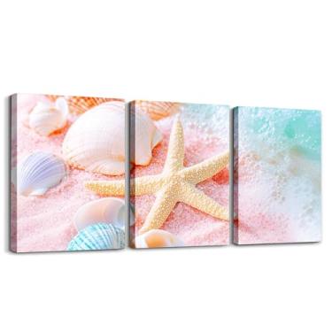 Imagem de Feelyou Arte de parede em tela de 3 peças rosa oceano praia para sala de estar quarto estrela do mar praia arte de parede para decoração de casa verão férias escritório decoração arte arte concha