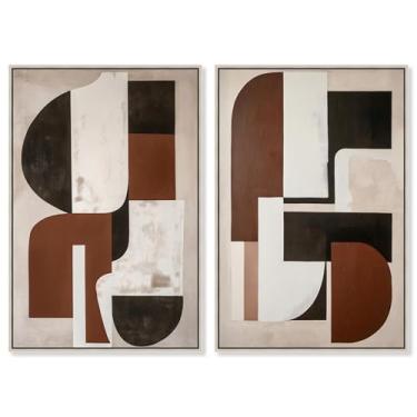 Imagem de Conjunto de 2 painéis geométricos de luxo neutro, arte de parede Boho da Art Remedy, moldura prata, 50 x 76 cm