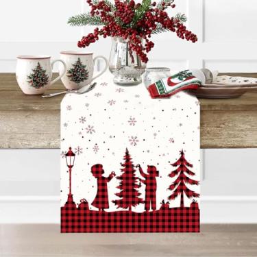 Imagem de Caminho de mesa de Natal branco, xadrez de búfalo vermelho e preto, árvore de Natal, padrão de floco de neve, caminho de mesa de inverno para mesa de café, sala de jantar, quarto, festa, decoração de