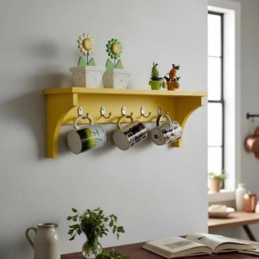 Imagem de Prateleira Cabideiro Suporte Porta Canecas Utensílios de Cozinha Mochilas Bolsas Amarelo Laca