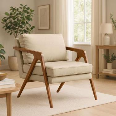 Imagem de Poltrona Mona Com Almofadas Soft Linho Bege e Pés de Madeira - Brumato