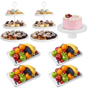 Imagem de RattanView Conjunto de 7 peças de mesa de sobremesa de madeira, 3 suportes de cupcake de madeira, suporte redondo rústico para bolo, bandejas de madeira para servir sobremesa, chá de bebê, casamento