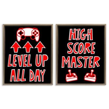Imagem de Stupell Industries Level Up High Score Gamer 2 peças marrom emoldurado conjunto de lona flutuante, design por Marcus Prime, 30 x 25