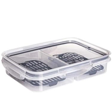 Imagem de Pote Porta Frios 2 Divisórias com Escorredor Tampa Trava Hermética Organizador de Alimentos Livre de BPA Para Queijo Presunto Verduras