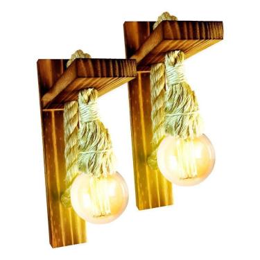 Imagem de Kit 2 Arandela Luminária Parede Madeira Retrô Rústica Sisal