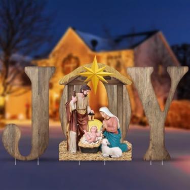 Imagem de Zonon 3 peças grandes de presépio de Natal ao ar livre 119 cm decorações de quintal da família sagrada com estacas PVC resistente à água à prova de intempéries placas de presépio cristão resistentes