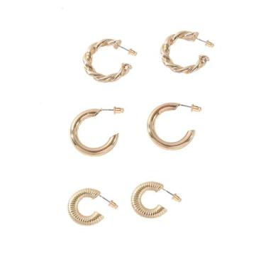 Imagem de 3 pares de brincos de argola C banhados a ouro, argolas largas e leves para mulheres, brincos pequenos de argola de ouro de 15 mm, normal size, Ferro Aço inoxidável Metal, Sem pedra preciosa