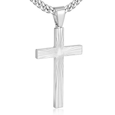 Imagem de Colar masculino de cruz, prata de aço inoxidável, preto, pingente de cruz dourada, presente masculino cristão, 18in, Aço inoxidável, Sem Pedra Preciosa