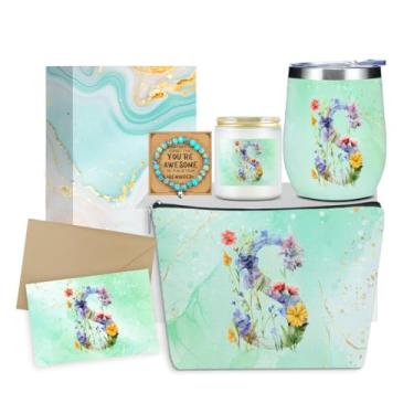 Imagem de Presentes personalizados monograma de aniversário para mulheres, mãe nova, avó dia dos namorados, obrigado, Natal, copo de vinho, bolsa de maquiagem com vela perfumada, conjunto de pulseira (flor