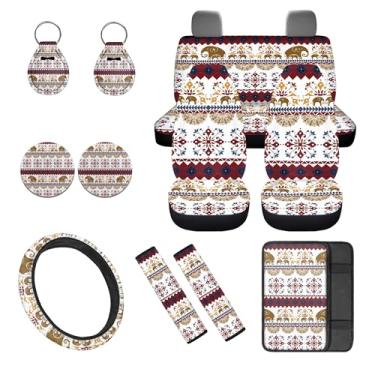 Imagem de gearider Boho Mandala Flower Conjunto de 12 peças de capa de assento automotivo com capa de volante, porta-copos, porta-copos, chaveiro, almofadas de cinto de segurança, apoio de braço, ajuste
